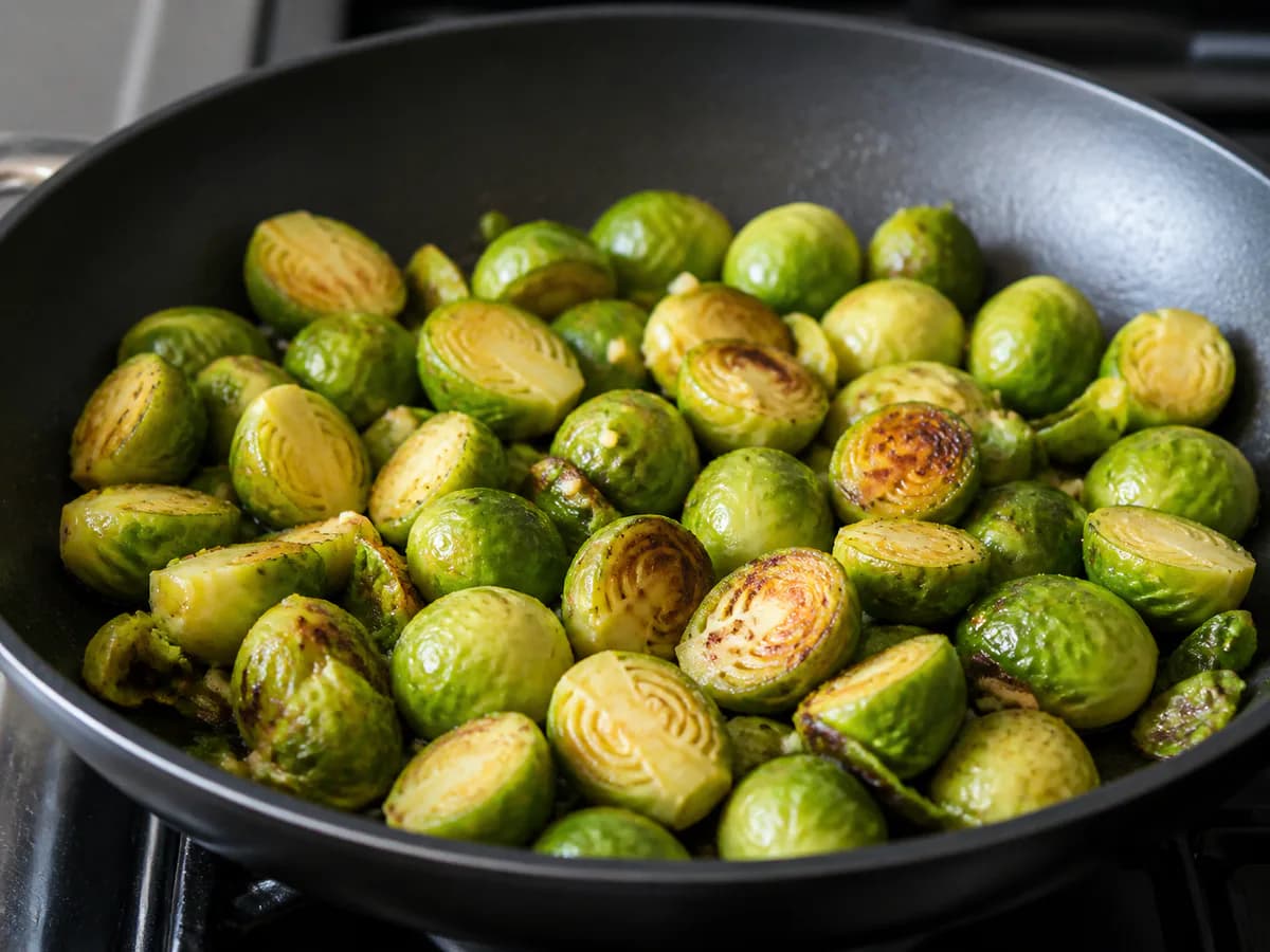 Preparação de Couve de Bruxelas Salteada com Bacon e Amêndoas durante a confeção