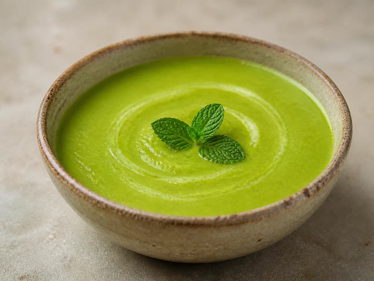 Pormenor de uma porção de Creme Aveludado de Ervilha com Hortelã