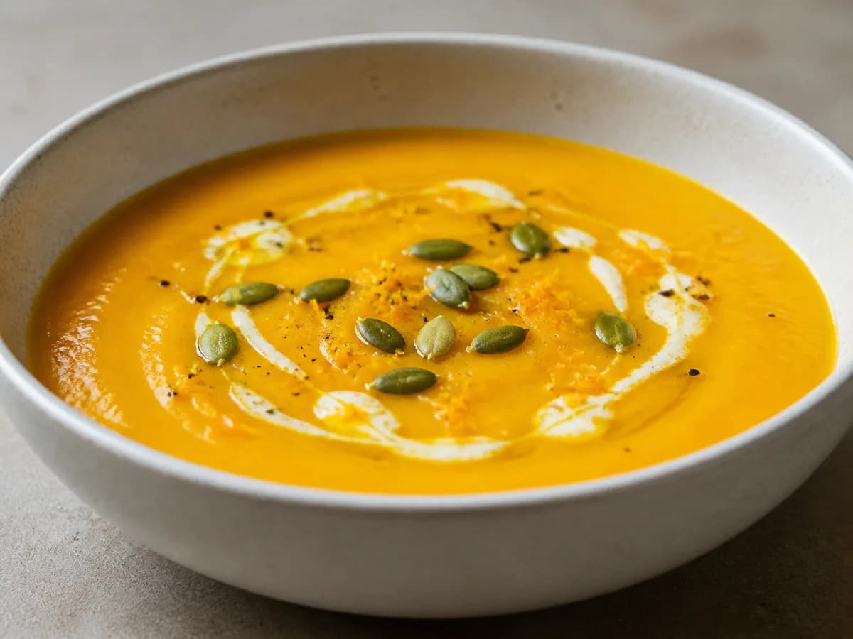 Pormenor de uma porção de Creme de Abóbora com Gengibre e Laranja