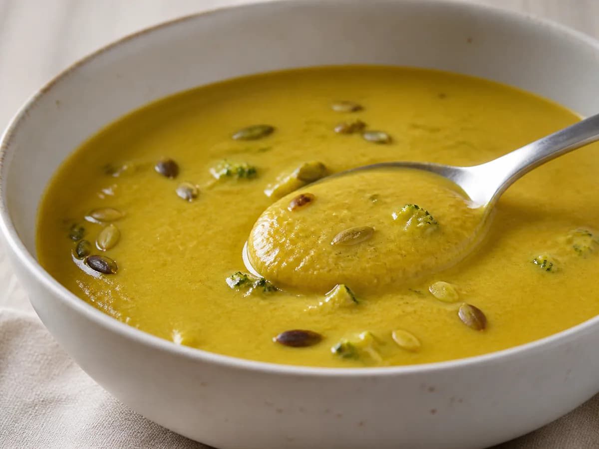 Pormenor de uma porção de Creme de Abóbora Assada com Brócolos