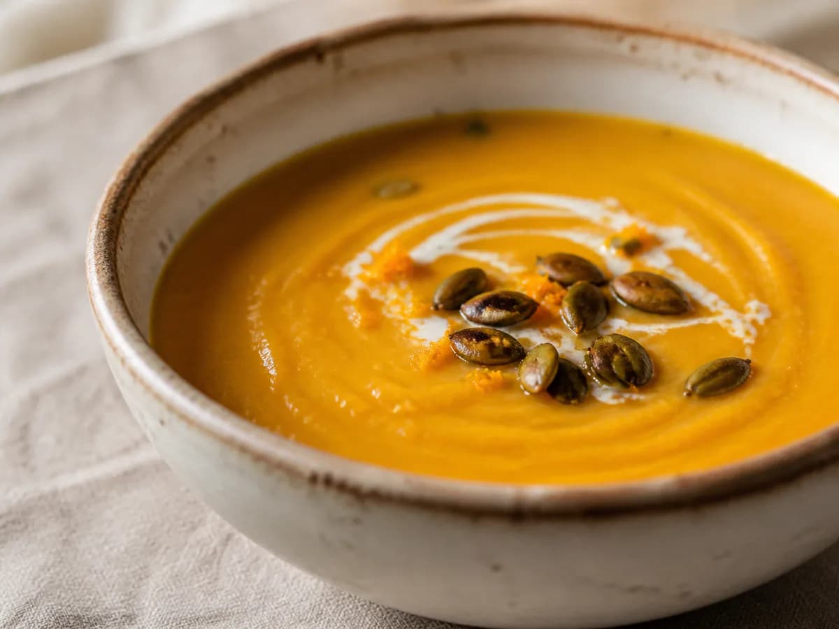 Pormenor de uma porção de Creme de Abóbora Assada com Laranja e Gengibre