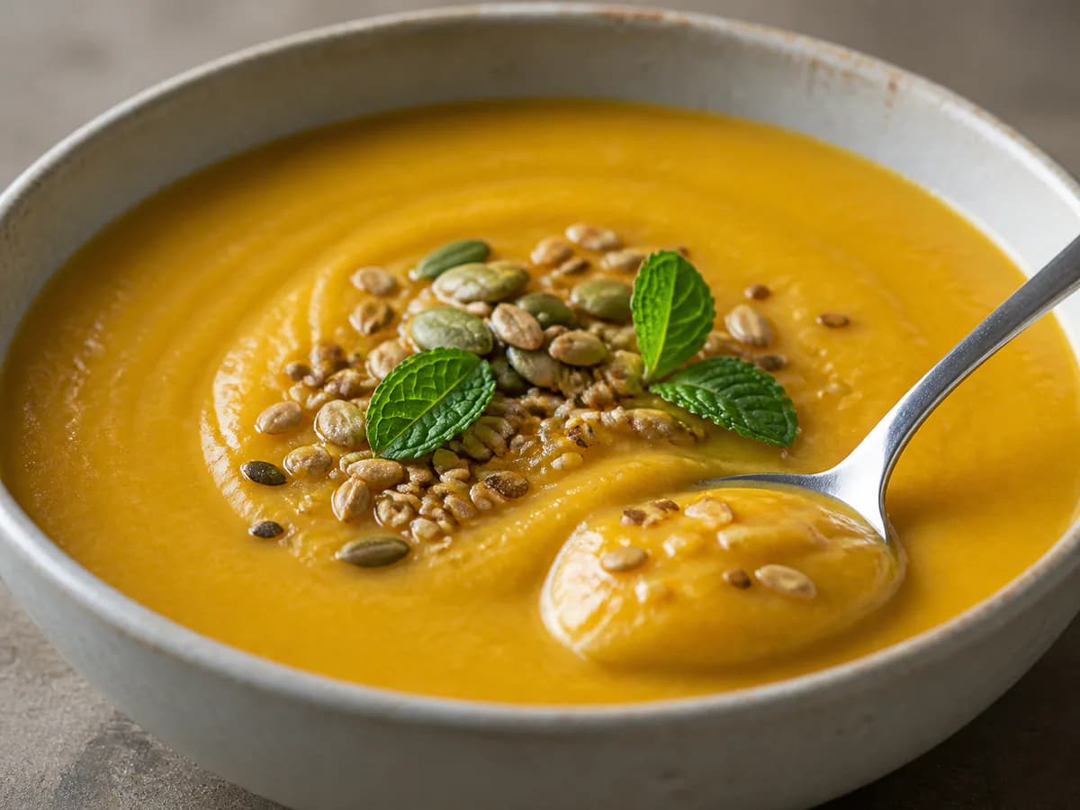 Pormenor de uma porção de Creme de Abóbora e Ricotta com Sementes Torradas e Hortelã