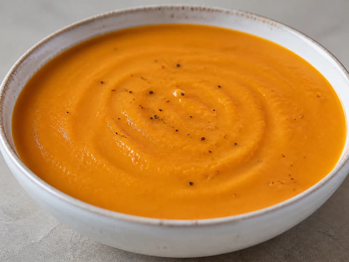 Pormenor de uma porção de Creme de Batata Doce e Tomate na Bimby