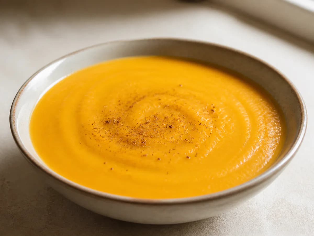 Pormenor de uma porção de Creme de Cenoura Reconfortante