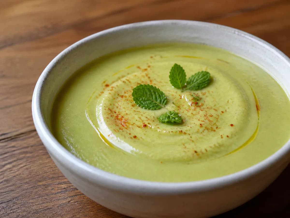 Pormenor de uma porção de Creme de Favas à Portuguesa