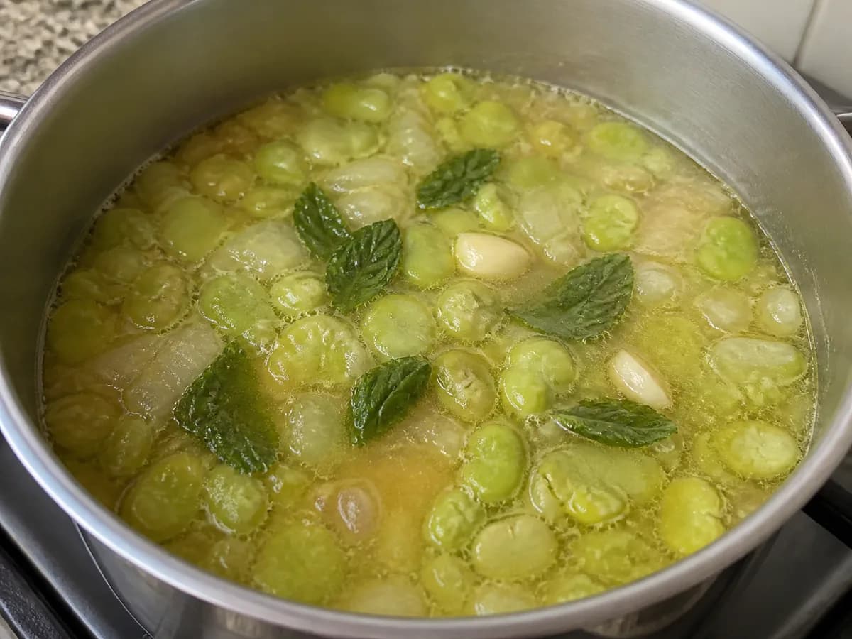 Preparação de Creme de Favas à Portuguesa durante a confeção