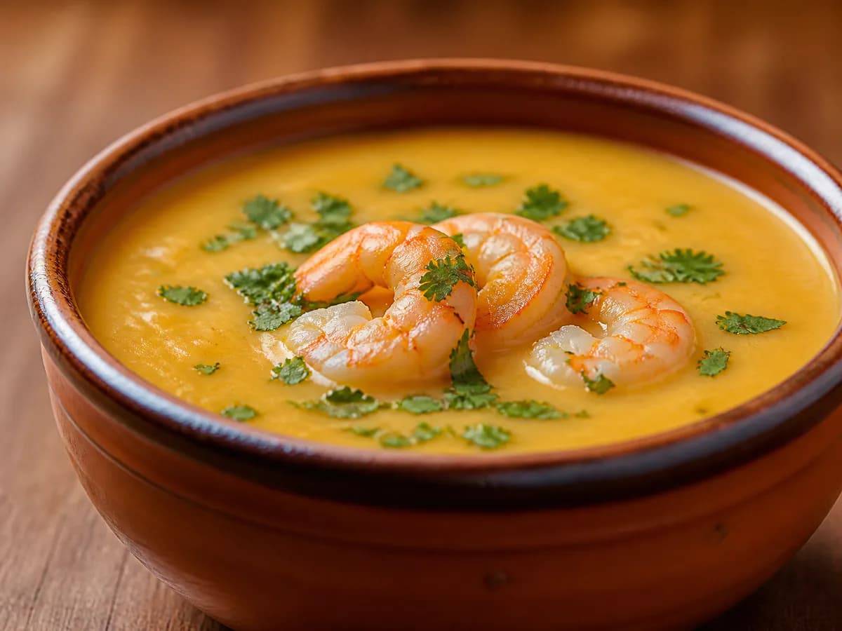 Pormenor de uma porção de Creme de Legumes com Coentros e Camarão (Bimby)