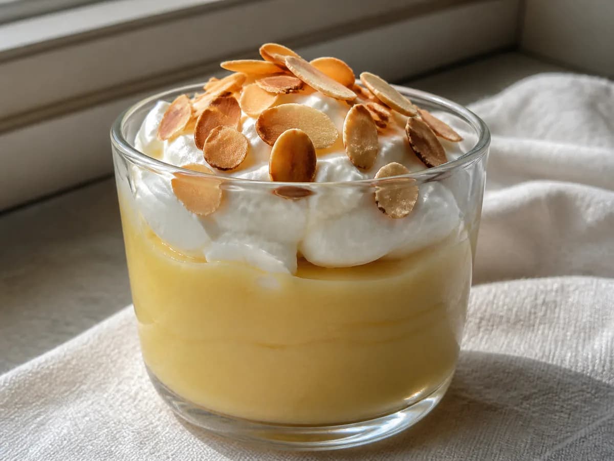 Pormenor de uma porção de Creme de Maçã com Amêndoa Crocante e Natas