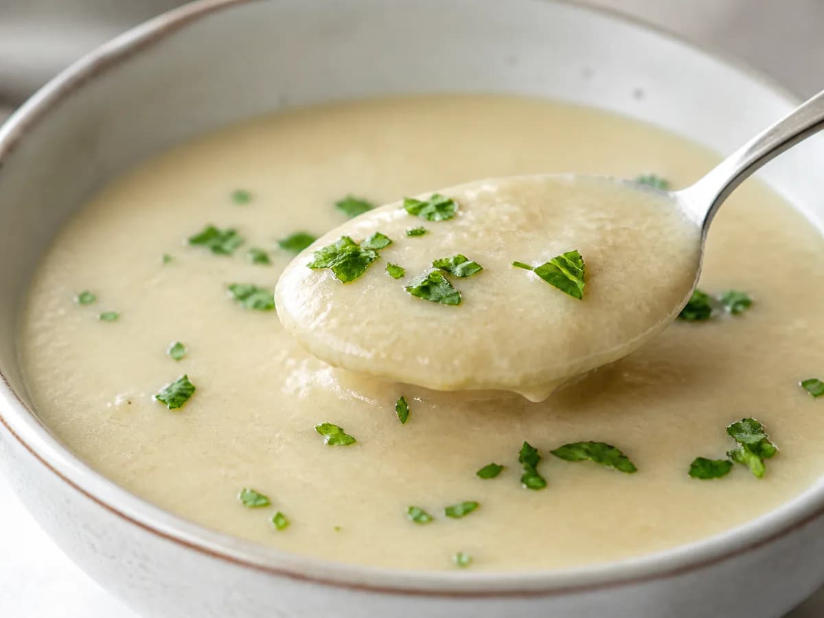 Pormenor de uma porção de Creme de Peixe Rico