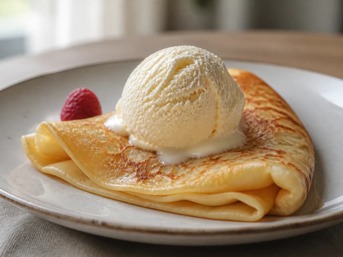 Pormenor de uma porção de Crepes com Gelado