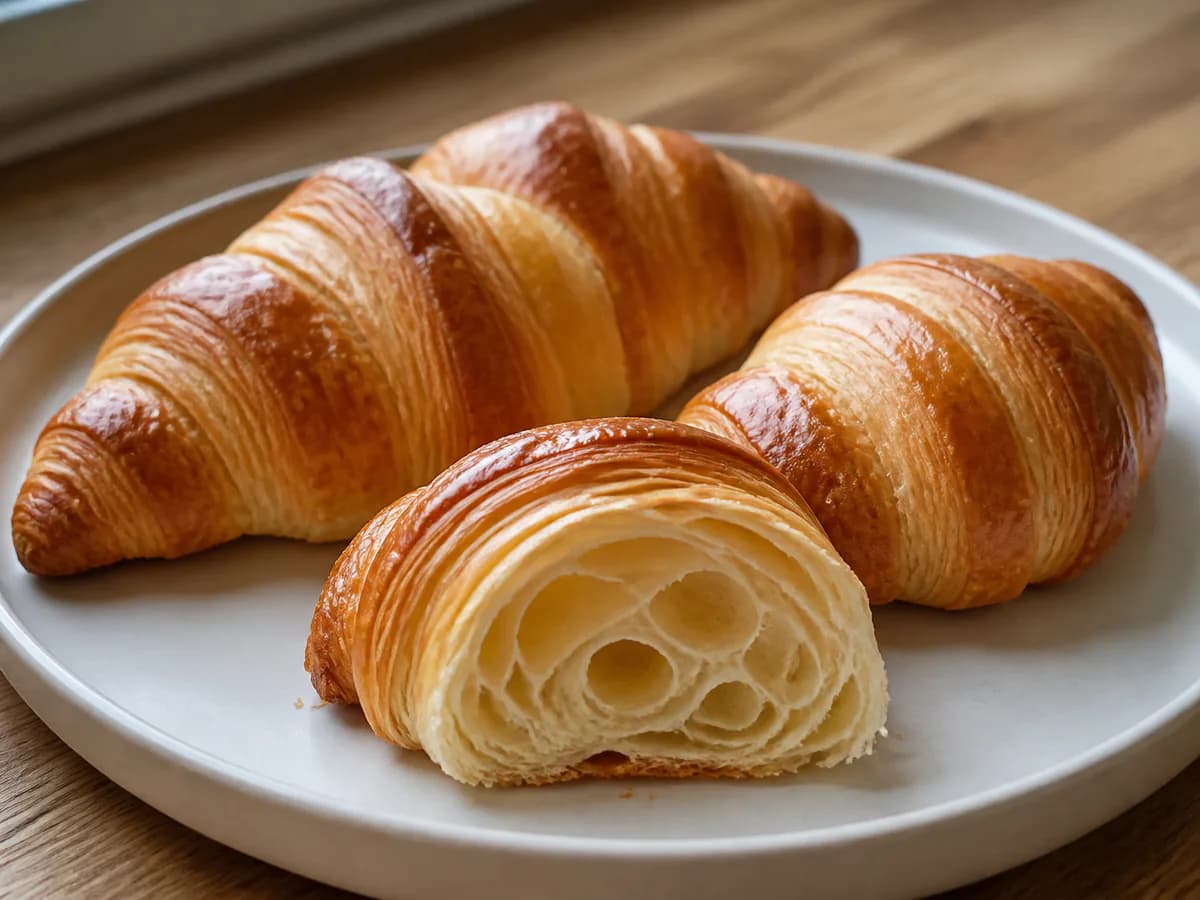Pormenor de uma porção de Croissants de Massa Folhada Caseiros