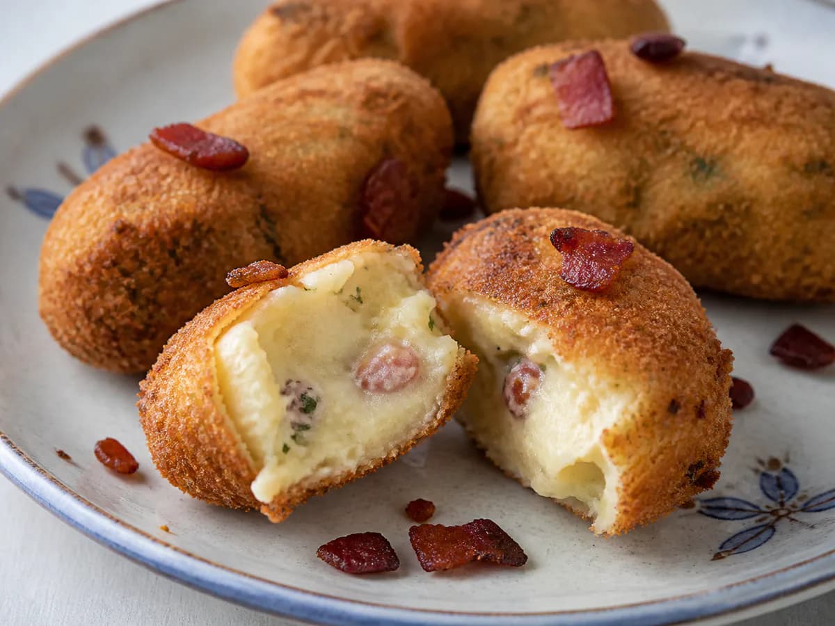 Pormenor de uma porção de Croquetes Cremosos de Queijo com Bacon Estaladiço: Uma Delícia Rápida para o Natal