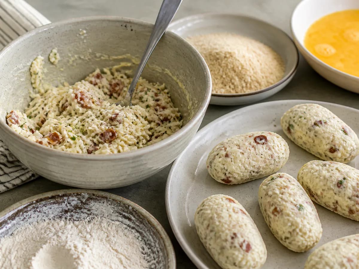 Preparação de Croquetes Cremosos de Queijo com Bacon Estaladiço: Uma Delícia Rápida para o Natal durante a confeção