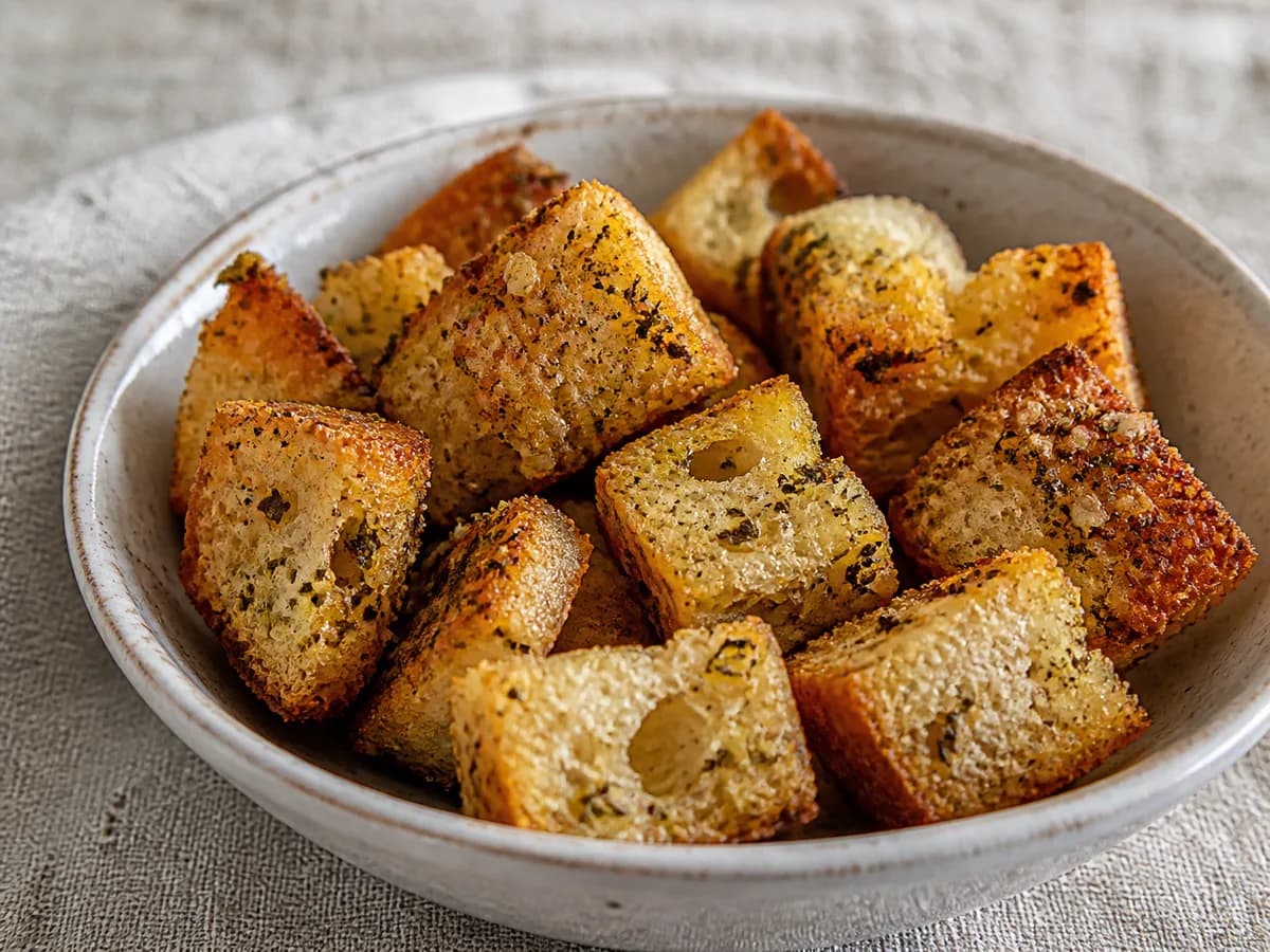 Pormenor de uma porção de Croutons de Alho com Orégãos