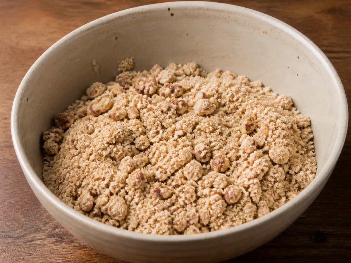 Preparação de Crumble de Maçã e Figos Secos com Vinho do Porto durante a confeção