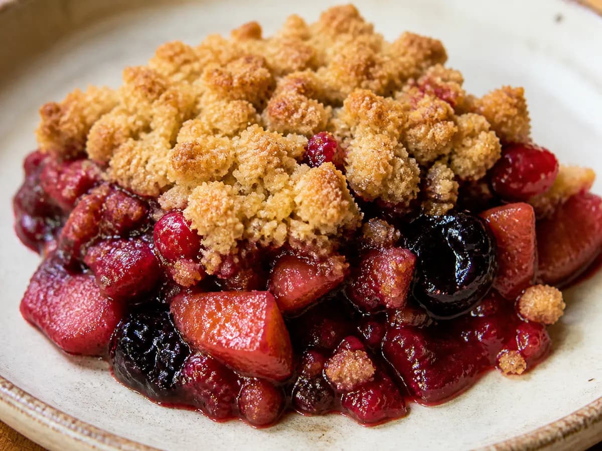 Pormenor de uma porção de Crumble de Frutos Vermelhos e Maçã