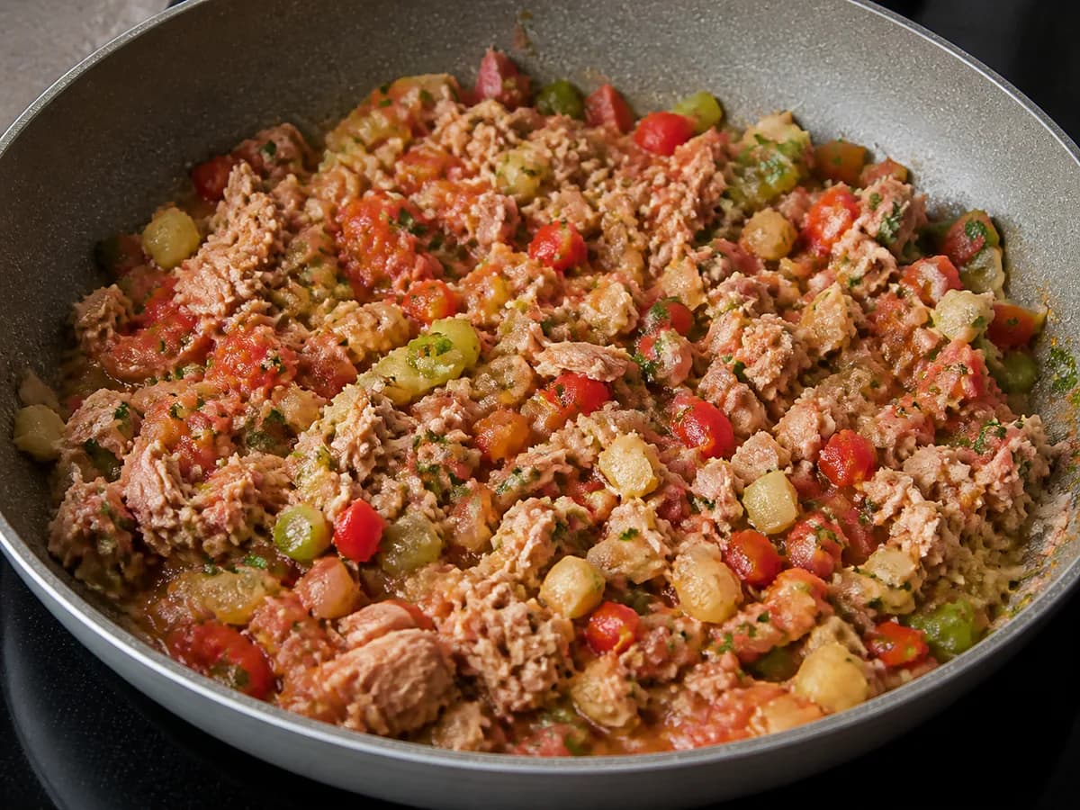 Preparação de Curgete Recheada Com Atum durante a confeção