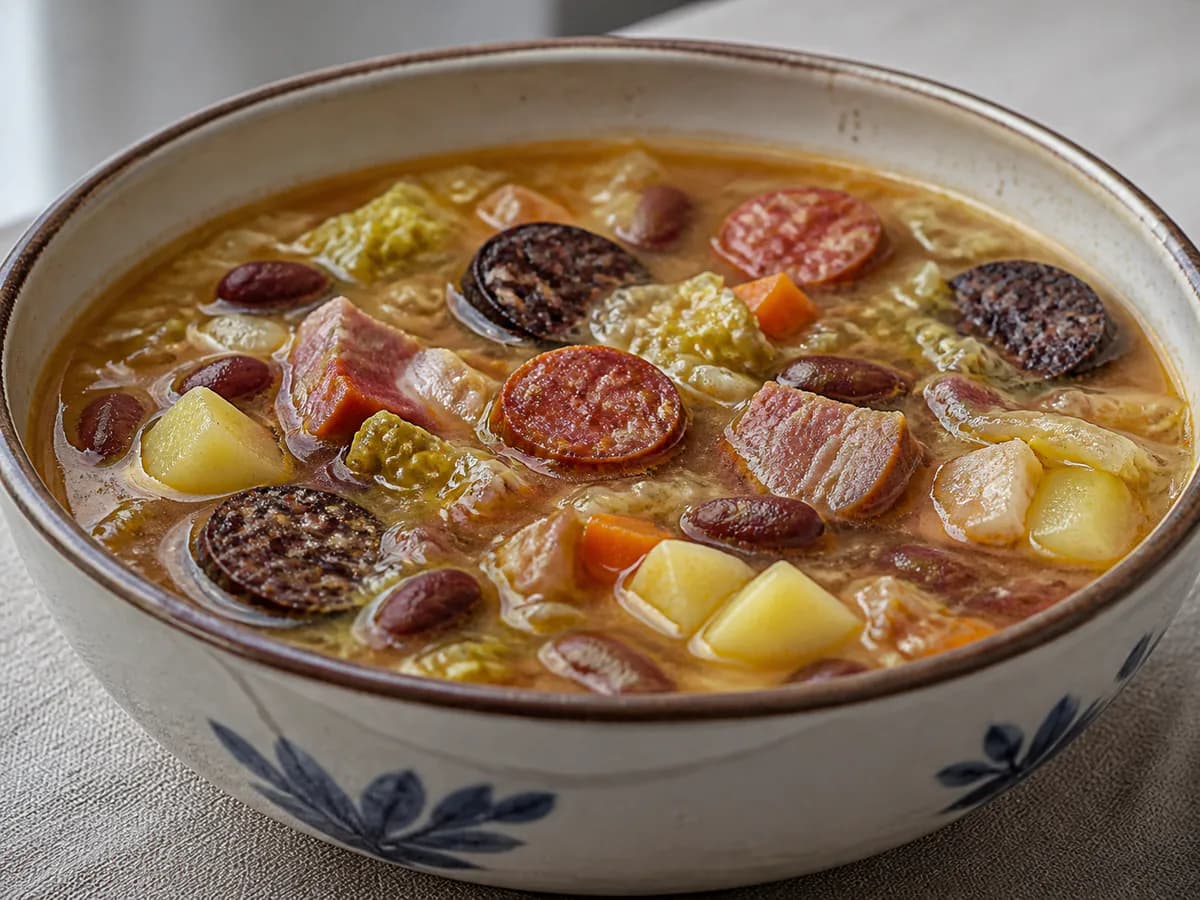 Pormenor de uma porção de Sopa da Pedra com Morcela e Couve Lombarda
