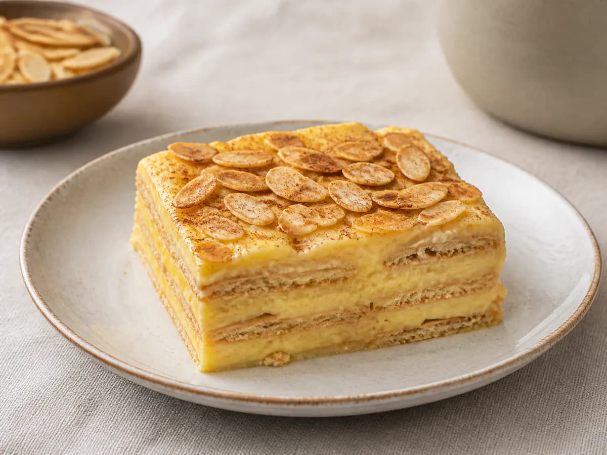 Pormenor de uma porção de Doce de Bolacha, Creme de Gemas e Amêndoa