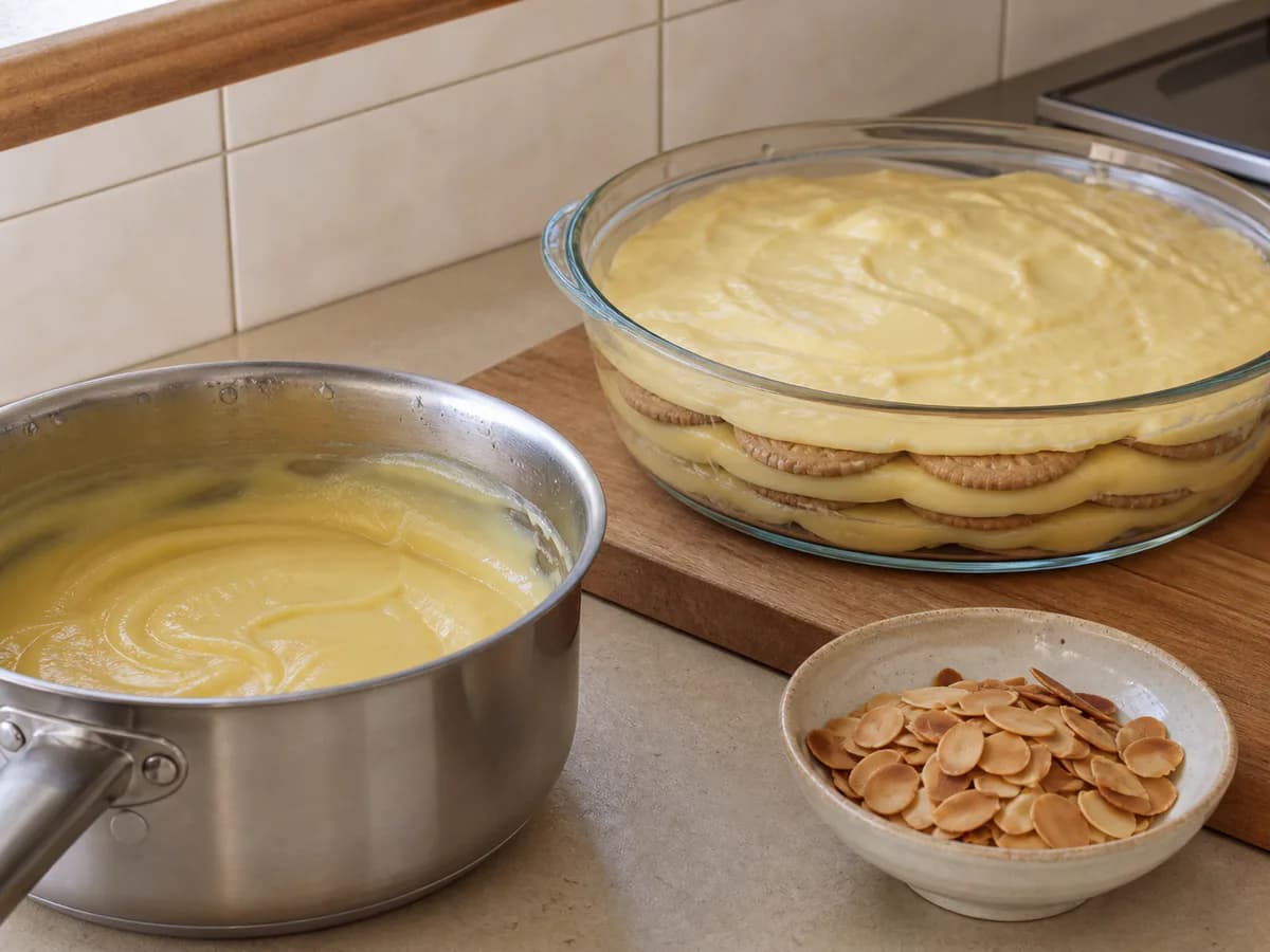 Preparação de Doce de Bolacha, Creme de Gemas e Amêndoa durante a confeção