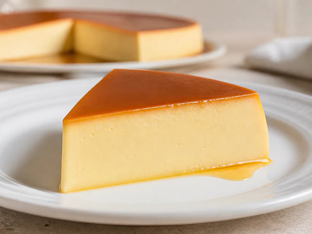 Pormenor de uma porção de Pudim de Leite Condensado e Natas