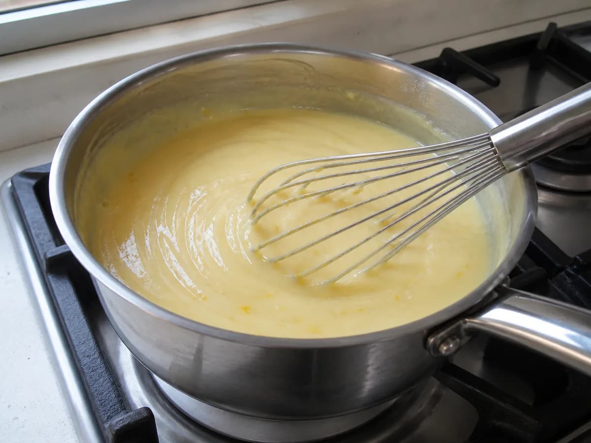 Preparação de Creme de Limão e Baunilha durante a confeção
