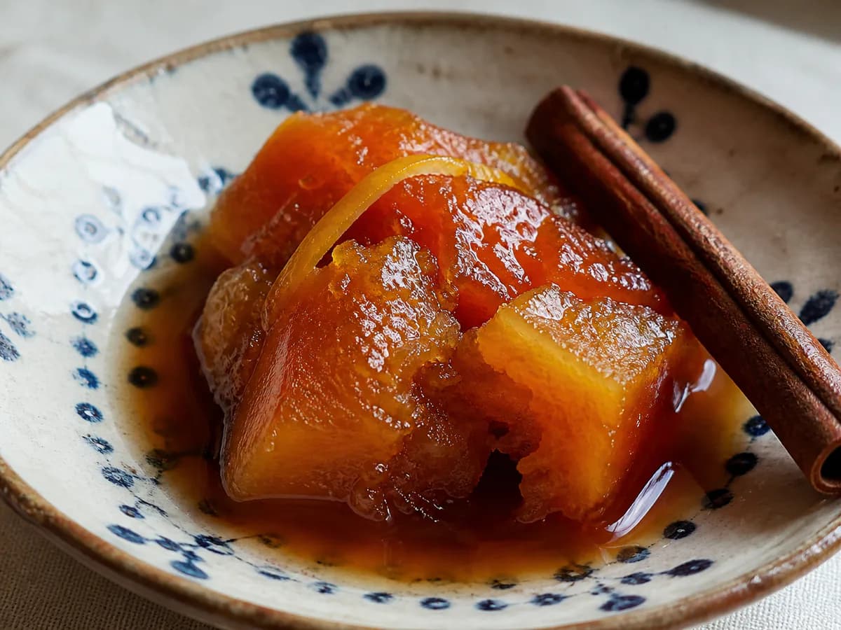 Pormenor de uma porção de Doce de Abóbora com Vinho do Porto