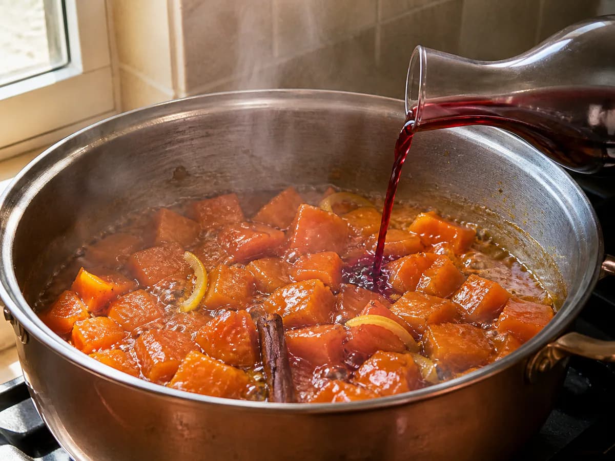 Preparação de Doce de Abóbora com Vinho do Porto durante a confeção