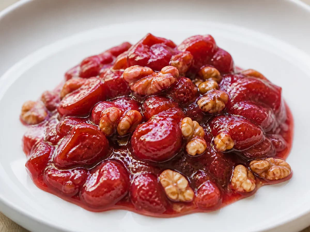 Pormenor de uma porção de Doce de Ameixa Vermelha com Noz