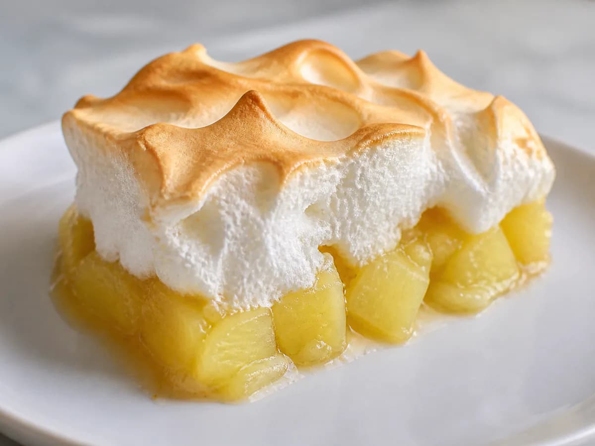 Pormenor de uma porção de Doce de Ananás Merengado