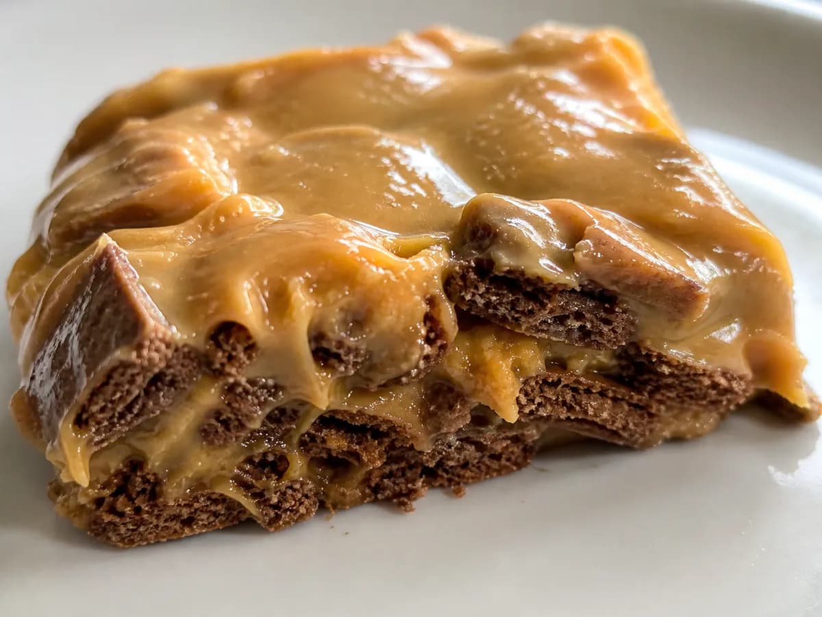 Pormenor de uma porção de Doce de Leite Condensado com Bolachas de Chocolate