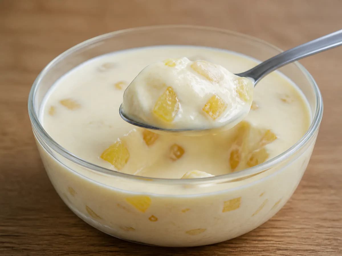 Pormenor de uma porção de Doce Gelado de Ananás