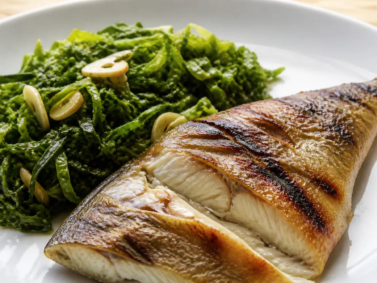 Pormenor de uma porção de Dourada Grelhada com Couve Salteada