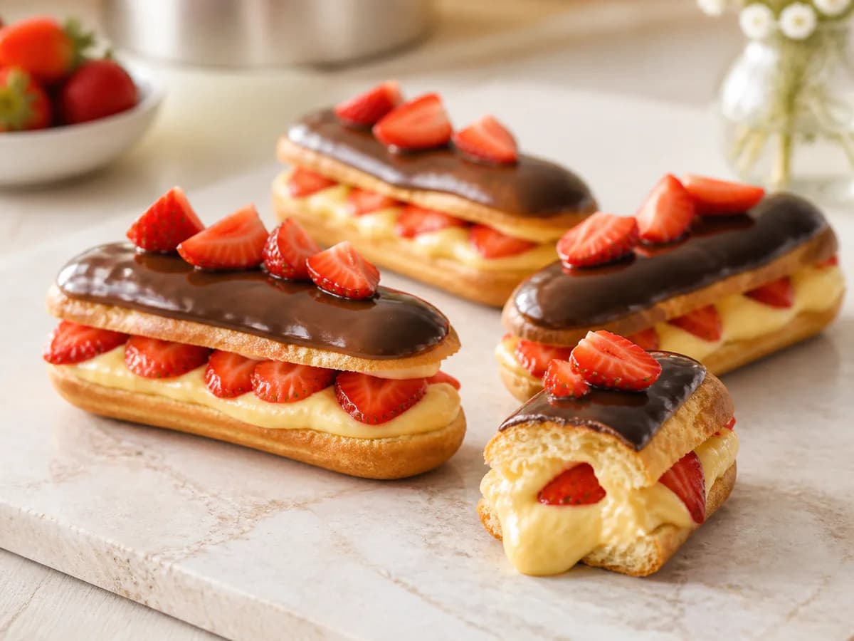 Éclairs de Morango com Creme de Baunilha e Chocolate