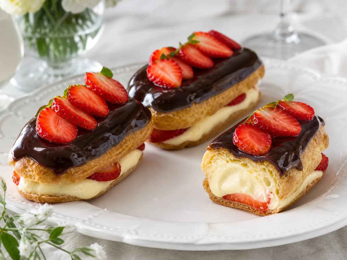 Pormenor de uma porção de Éclairs de Morango com Creme de Baunilha e Chocolate