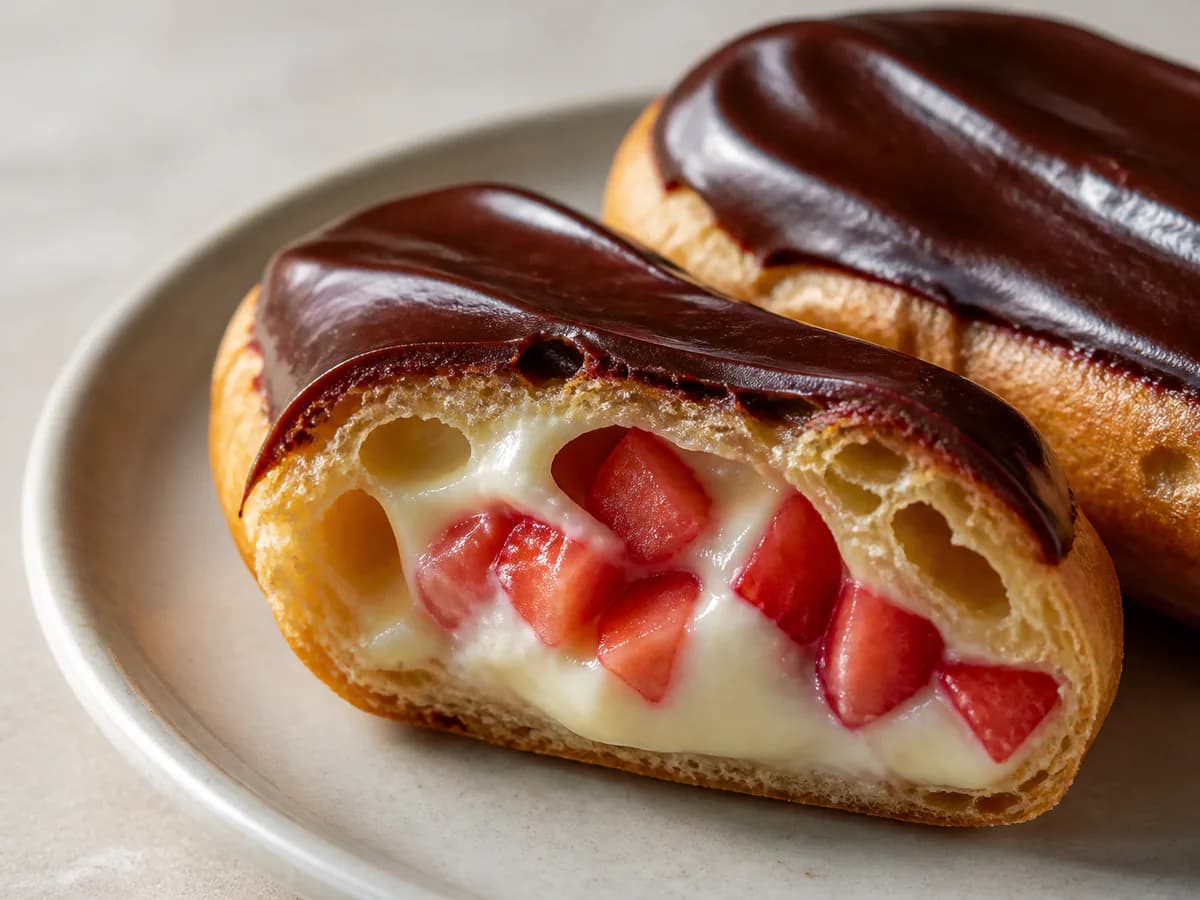 Pormenor de uma porção de Eclairs de Morango e Requeijão