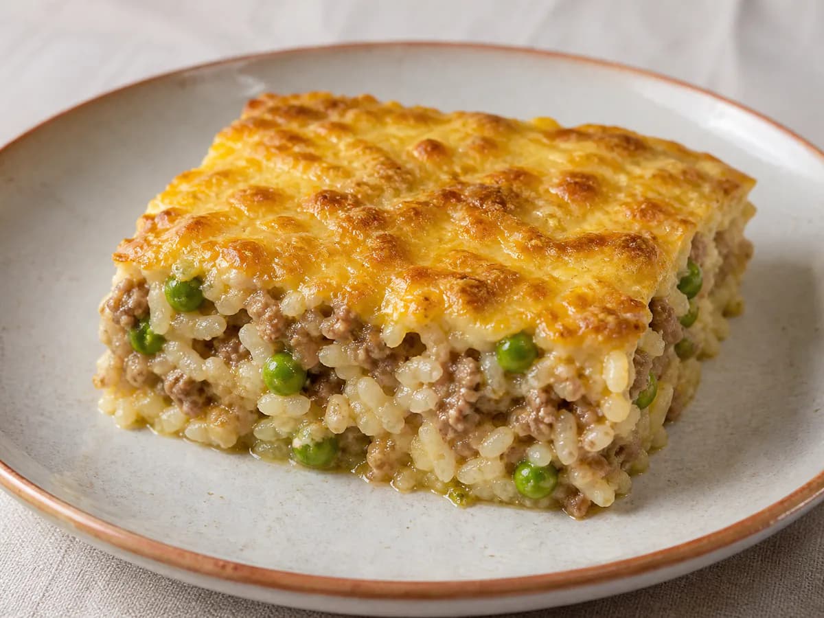Pormenor de uma porção de Empadão de Arroz com Carne