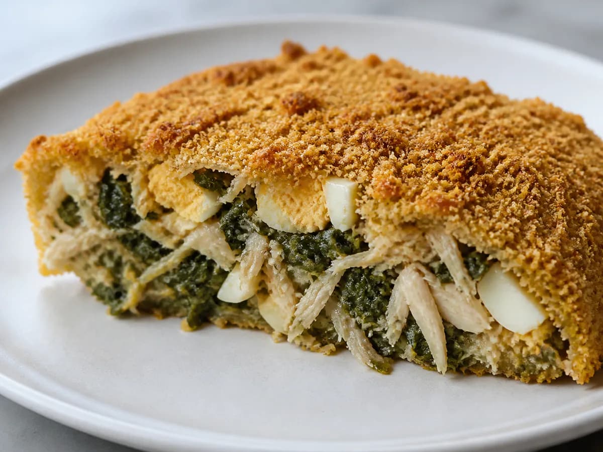 Pormenor de uma porção de Empadão de Bacalhau com Grelos e Crosta de Broa