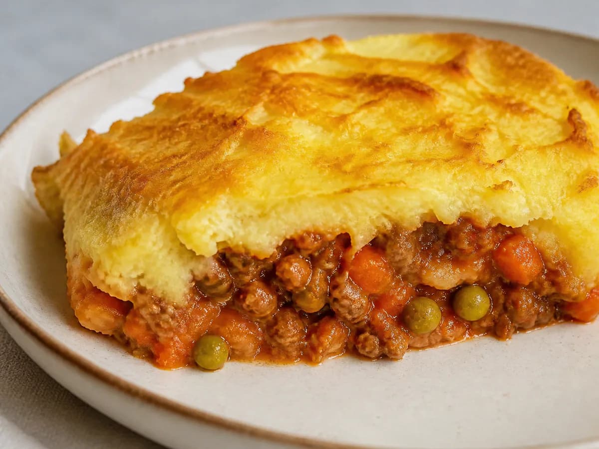 Pormenor de uma porção de Empadão de Carne com Ervilhas e Vinho do Porto