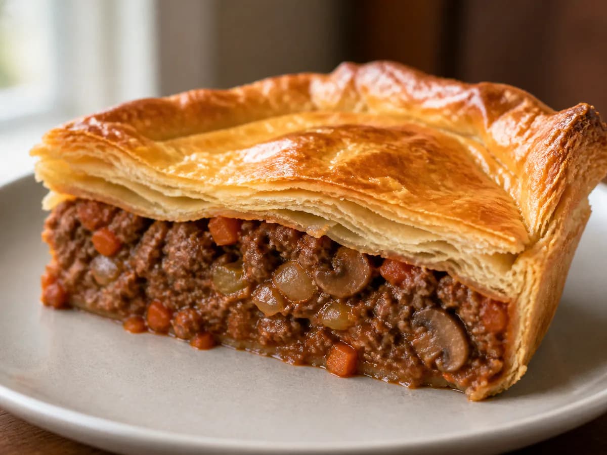 Pormenor de uma porção de Empadão de Carne com Massa Folhada