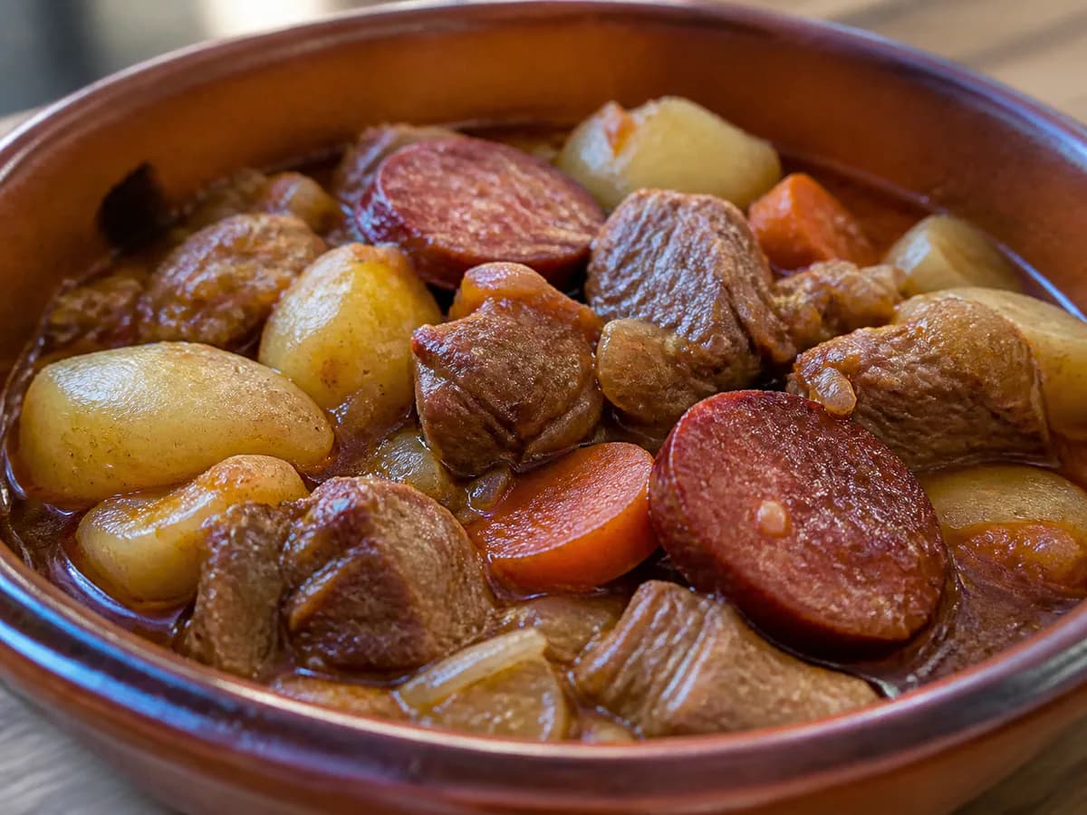 Pormenor de uma porção de Ensopado de Borrego à Minhota