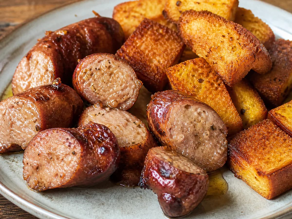 Pormenor de uma porção de Alheira de Mirandela com Broa de Milho Frita