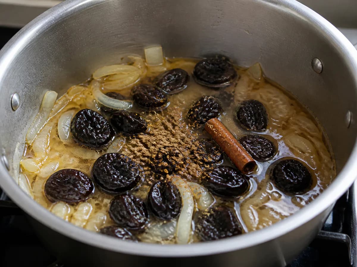 Preparação de Entremeada Assada com Molho de Ameixas durante a confeção