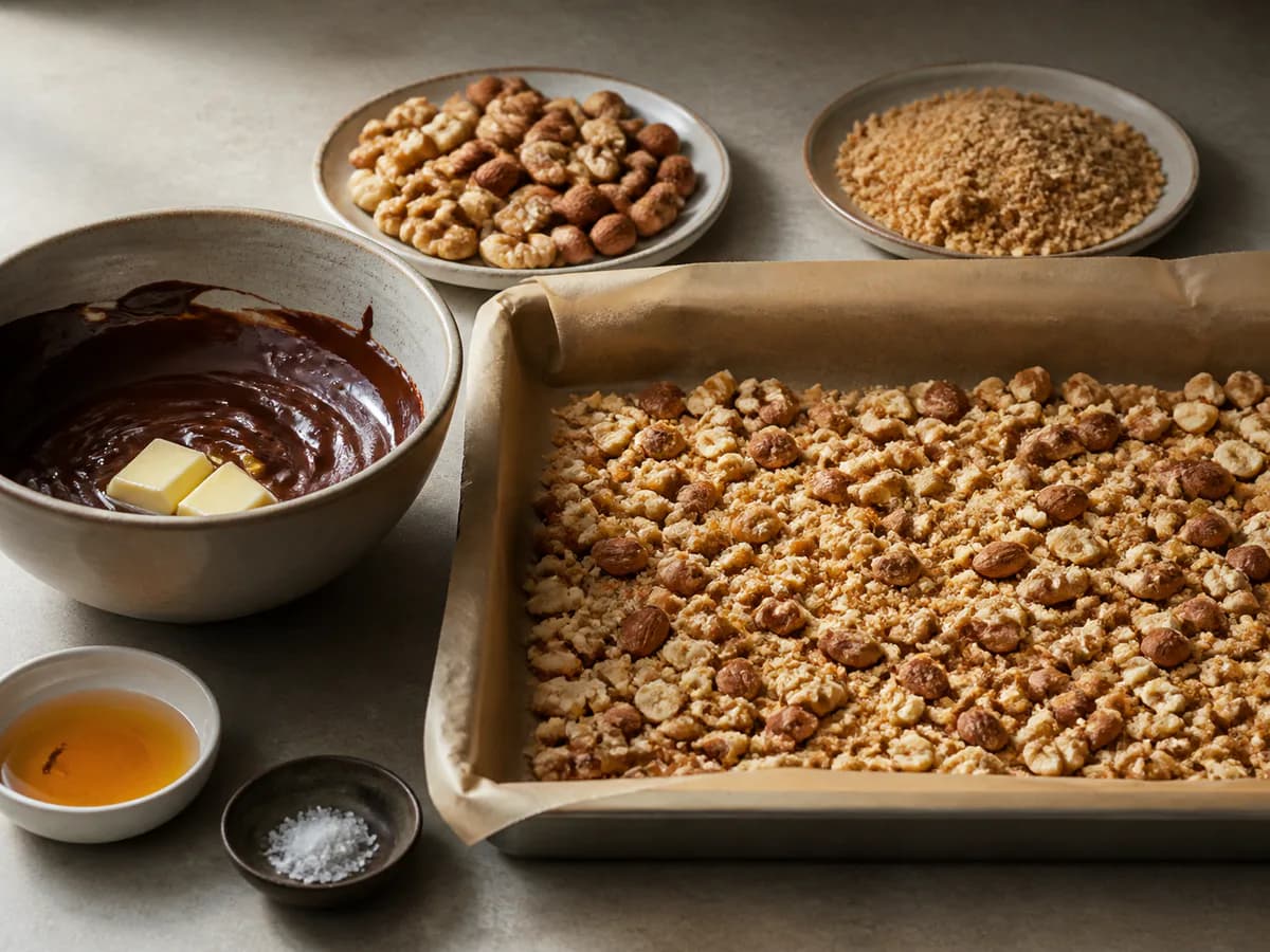 Preparação de Escangalhado de Frutos Secos e Chocolate durante a confeção