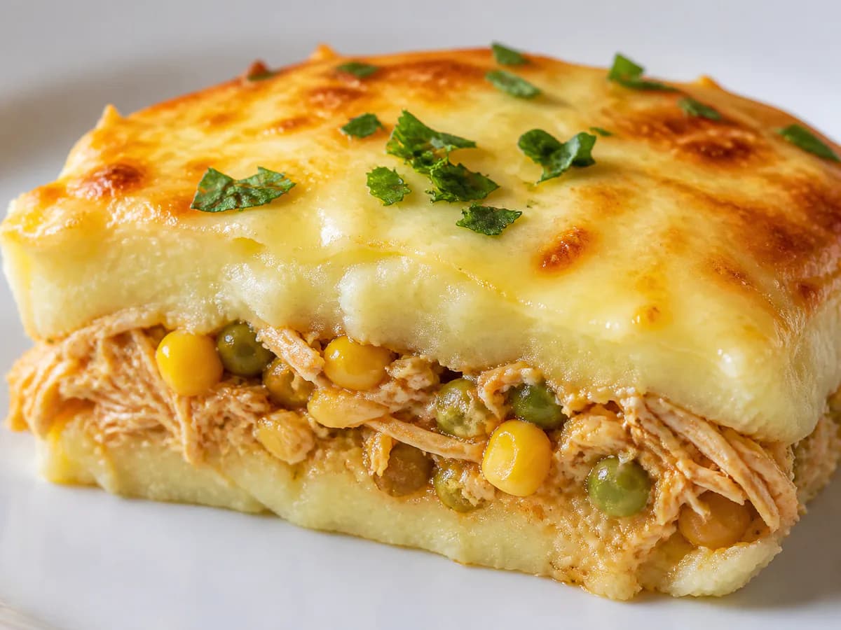 Pormenor de uma porção de Escondidinho de Frango com Puré de Batatas