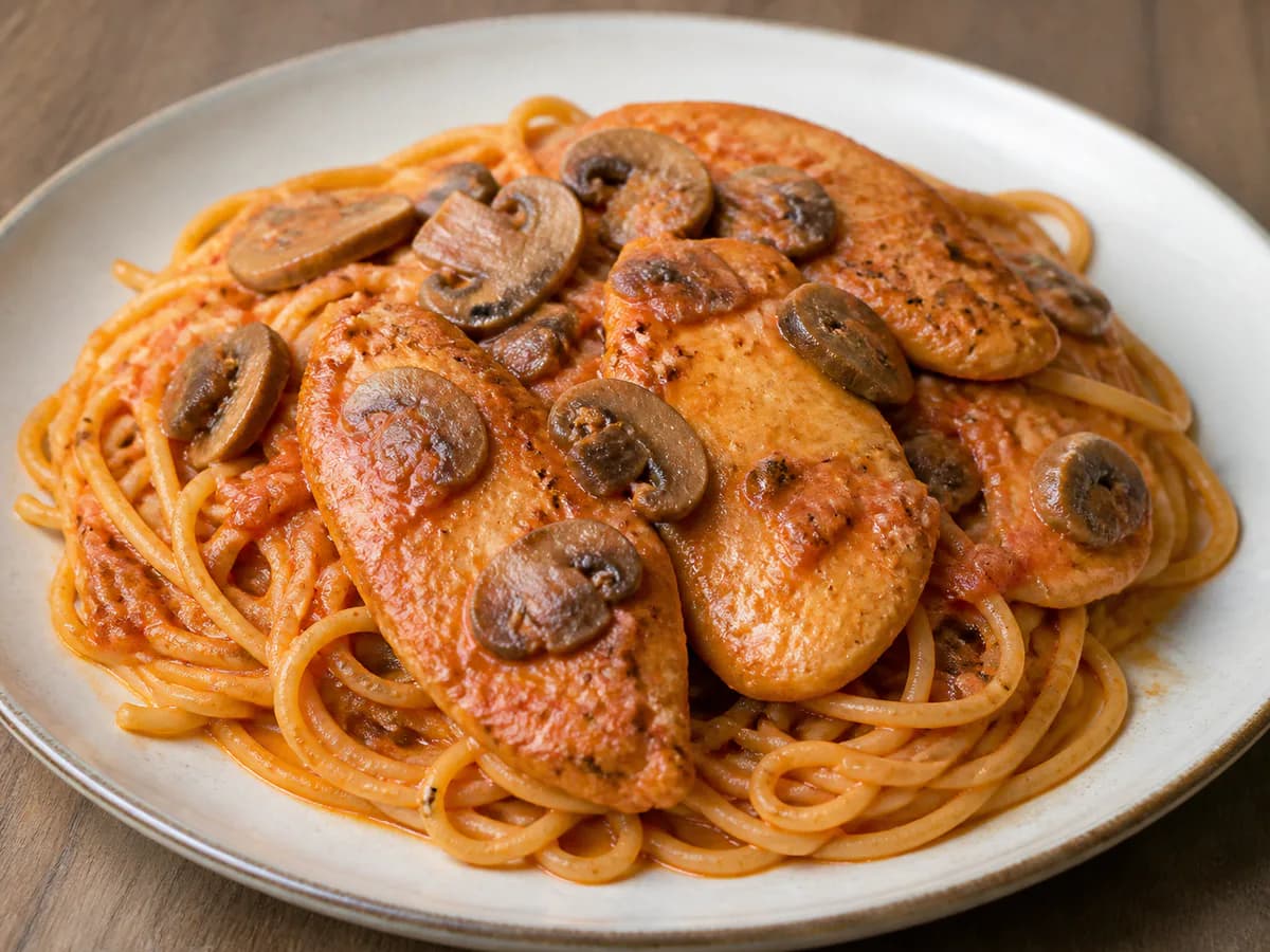 Pormenor de uma porção de Esparguete com Bifinhos de Frango em Tomate com Cogumelos