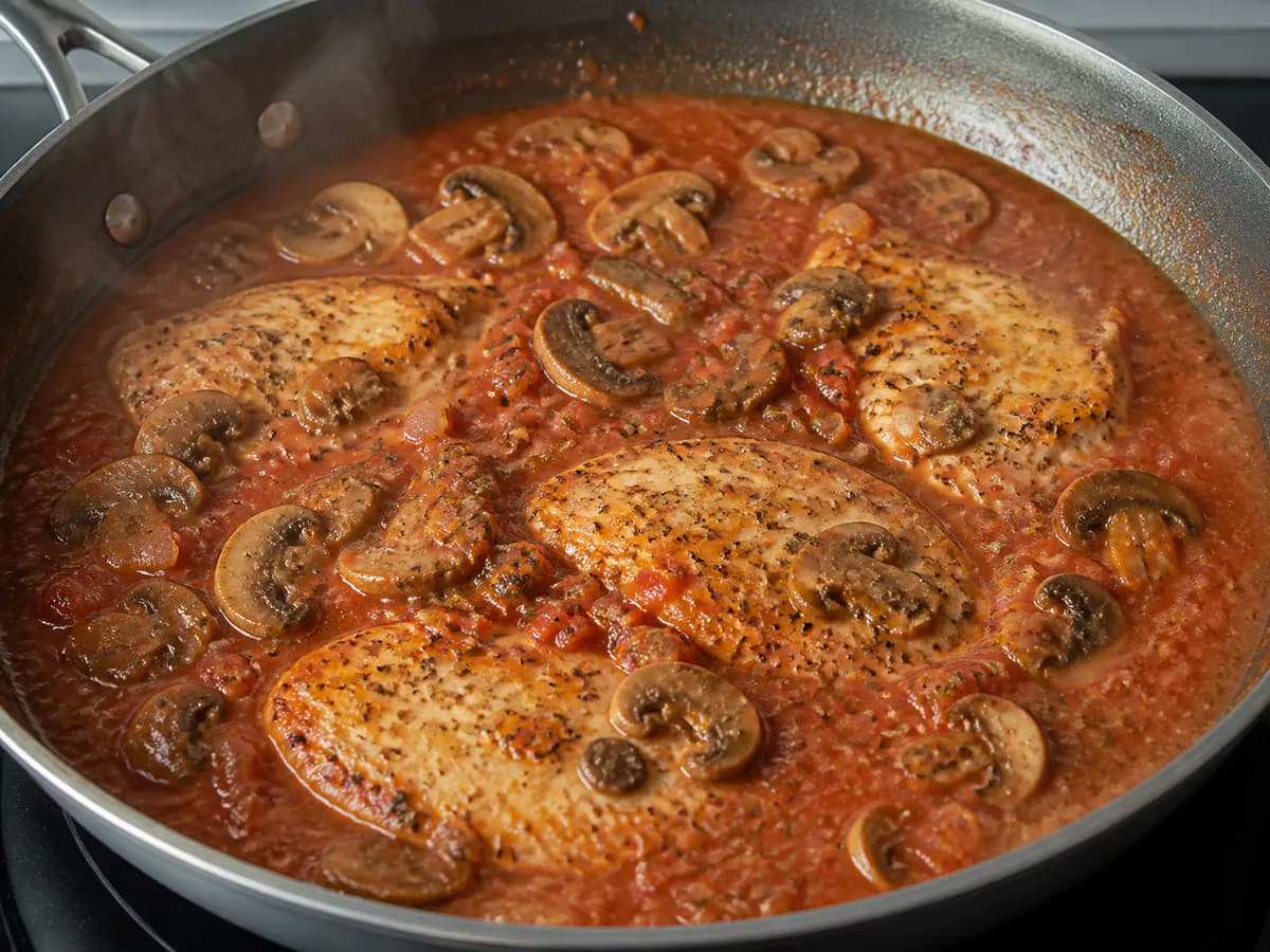 Preparação de Esparguete com Bifinhos de Frango em Tomate com Cogumelos durante a confeção