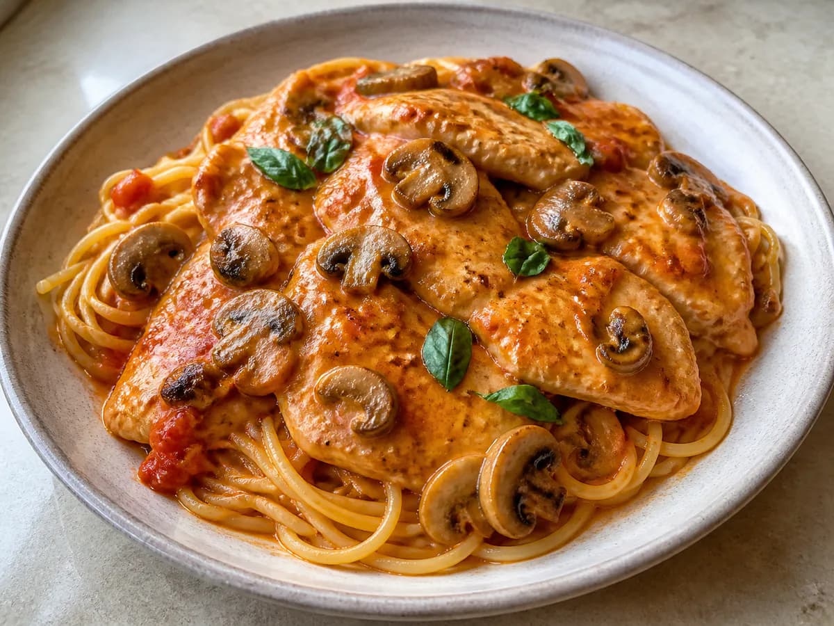 Esparguete com Bifinhos de Frango em Tomate com Cogumelos