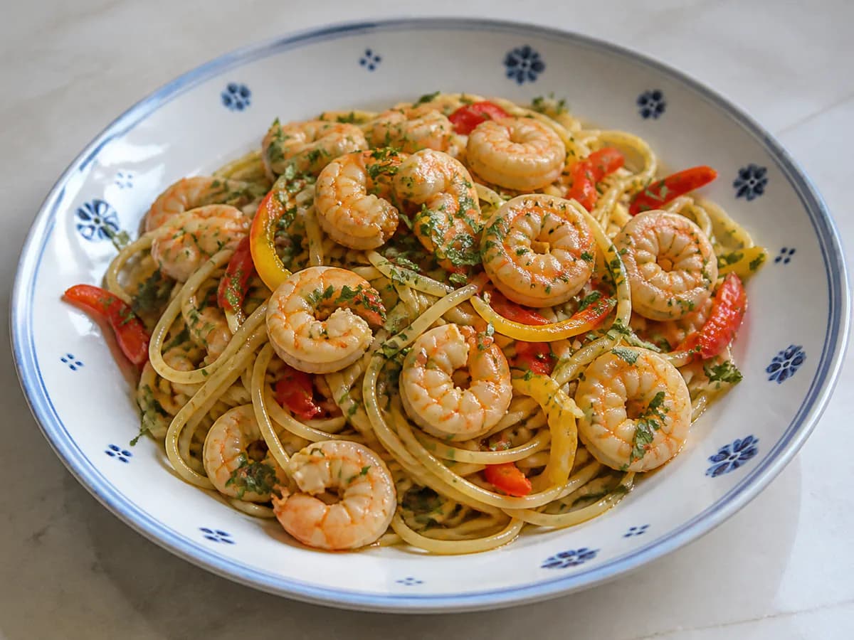 Esparguete com Gambas e Pimentos