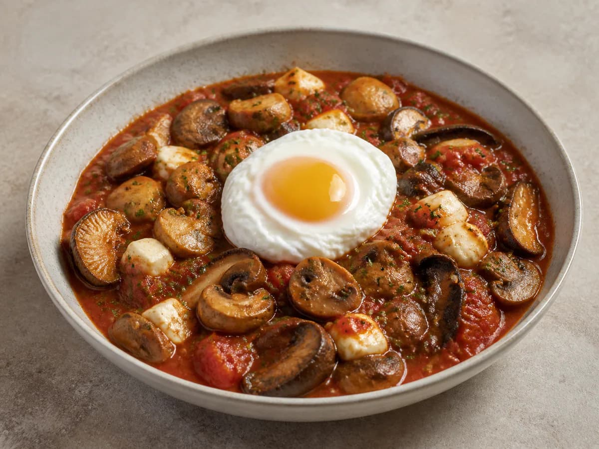 Estufado de Cogumelos, Tomate e Mozzarella com Ovo Escalfado